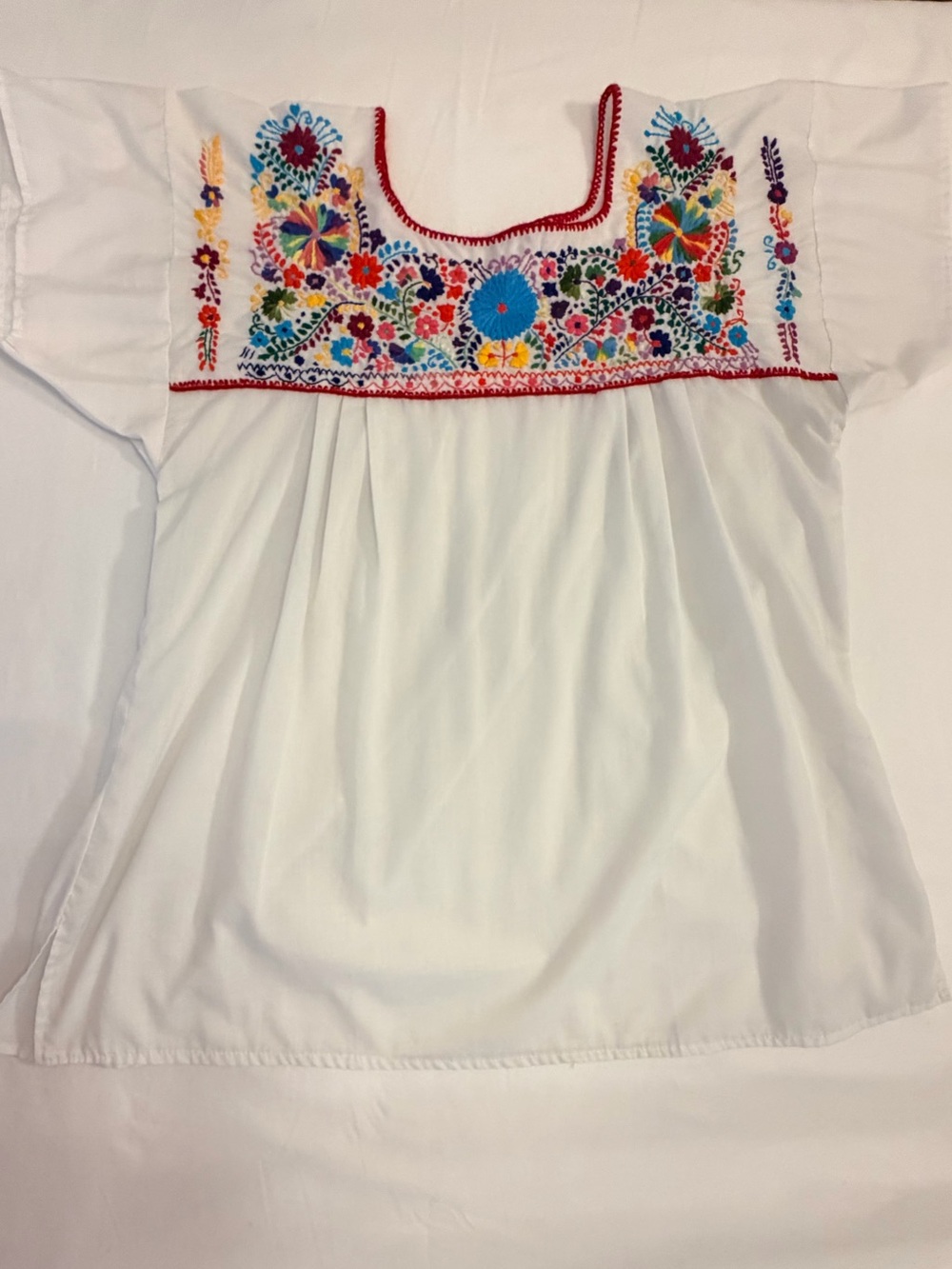 White Embroidered Peasant Blouse with Multicolor Floral Accents